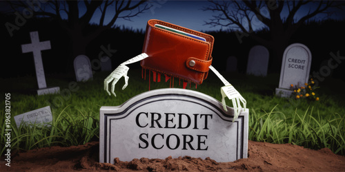 Scary Halloween credit score concept with zombie wallet, graveyard tombstone and horror finance debt illustration at night