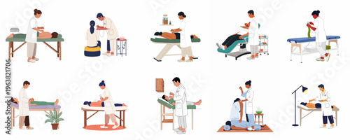 Set of various acupuncture treatment illustrations showing practitioners performing alternative medicine procedures on patients in different clinical settings and positions.