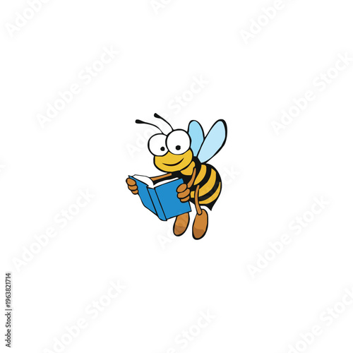 Cartoon bee reading a book learning and education concept.