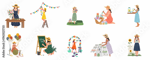 Set of Flat Illustrations Showing a Woman Organizing an Outdoor Garden Party or Baby Shower with Various Decorative and Catering Elements