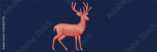Red embroidered deer silhouette on blue fabric background, textile animal illustration for fashion patch, folk art decor banner