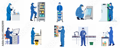 Set of illustrations depicting scientists in protective suits performing various tasks in a pharmaceutical lab, including research, testing, and vaccine production.
