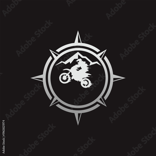 Motorcycle Rider Navigating Mountain Terrain with Compass Design.