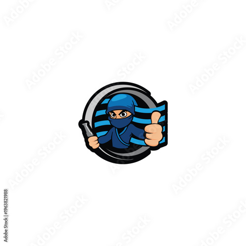 Ninja with a thumbs up holding a bottle in a circle logo.