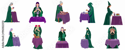 Collection of flat illustrations depicting fortune tellers, witches, and tarot readers performing mystical rituals on a white background.