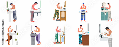 Vector illustration set of men in pajamas performing morning hygiene routines, washing hands and faces at various bathroom sinks and basins.