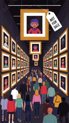 Crowded art gallery with diverse visitors viewing framed pixel portraits and central digital avatar artwork labeled not for sale