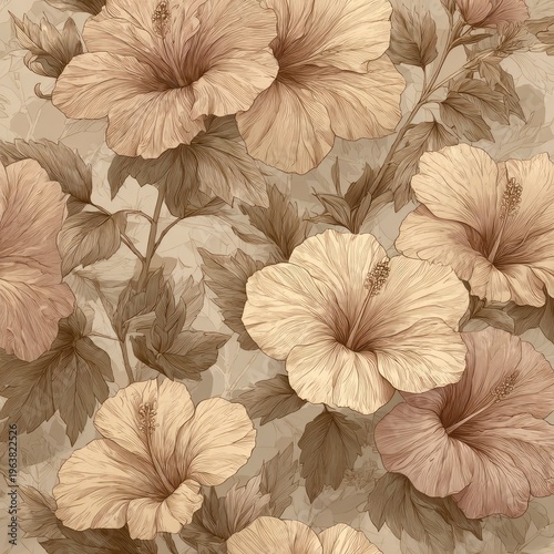 Close up of beige hibiscus flowers with detailed petals and delicate stems