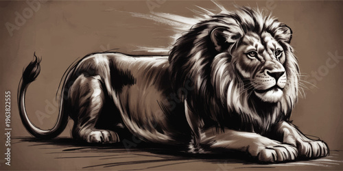 Majestic lion illustration lying down, detailed black and brown sketch art of powerful wild animal on neutral background