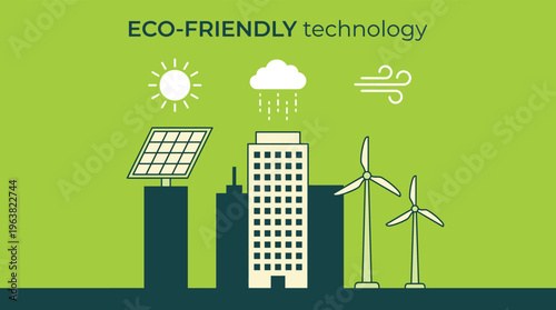 Eco-friendly technology vector illustration featuring solar panels, wind turbines, and green city buildings for sustainable renewable energy concepts, and environment