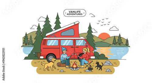 Vanlife adventures by lake with couple and pets
