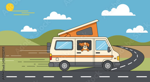 Happy dog riding in camper van on road trip