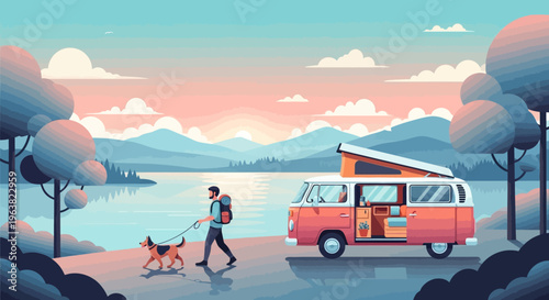 Man walking dog near camper van by lake