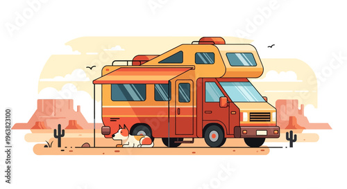 Colorful camper van parked desert landscape with dog