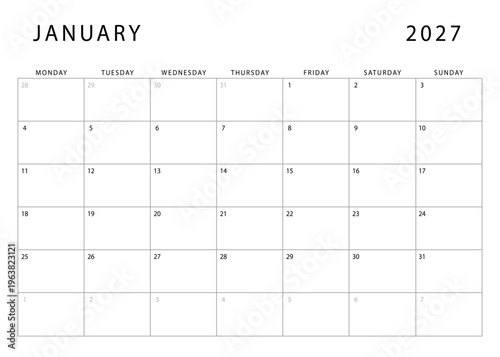 January 2027 monthly planner template. Monday start. Modern Annual Planner Design for Print and Digital Use.