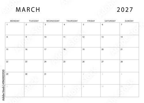 March 2027 monthly planner template. Monday start. Modern Annual Planner Design for Print and Digital Use.