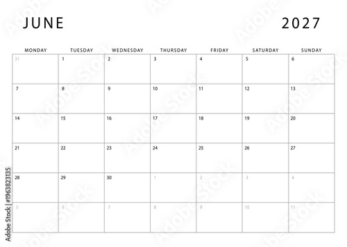 June 2027 monthly planner template. Monday start. Modern Annual Planner Design for Print and Digital Use.