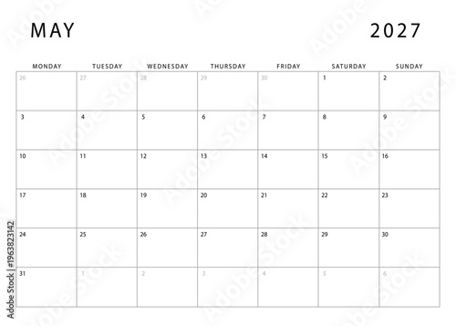 May 2027 monthly planner template. Monday start. Modern Annual Planner Design for Print and Digital Use.