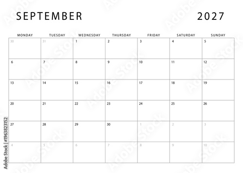September 2027 monthly planner template. Monday start. Modern Annual Planner Design for Print and Digital Use.