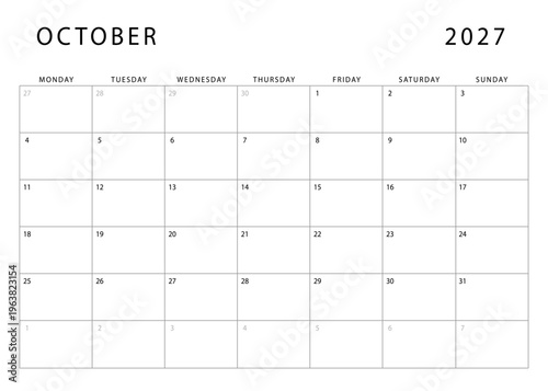 October 2027 monthly planner template. Monday start. Modern Annual Planner Design for Print and Digital Use.
