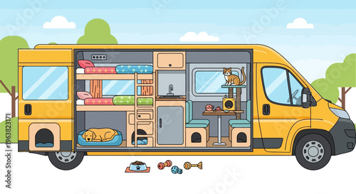 Campervan interior with dog and cat