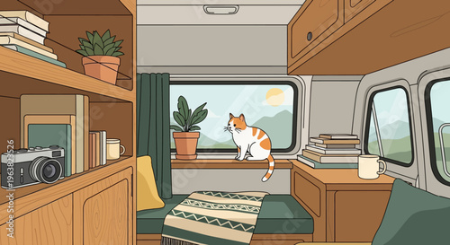 Cozy camper van interior with cat by window