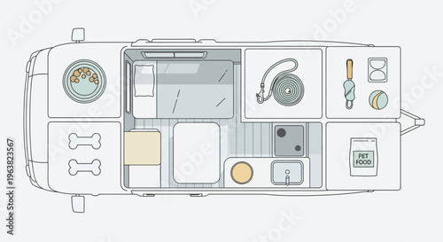 Camper van interior layout with pet accessories