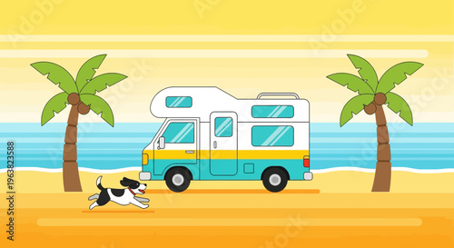 Beach vacation with camper van and dog