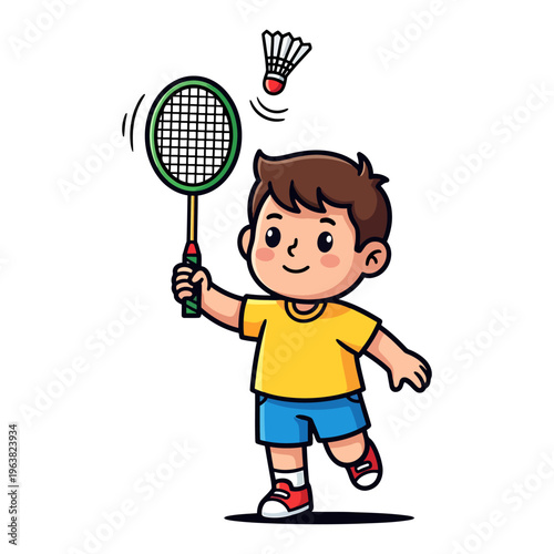Happy young boy playing badminton with a shuttlecock and racket in a cartoon illustration
