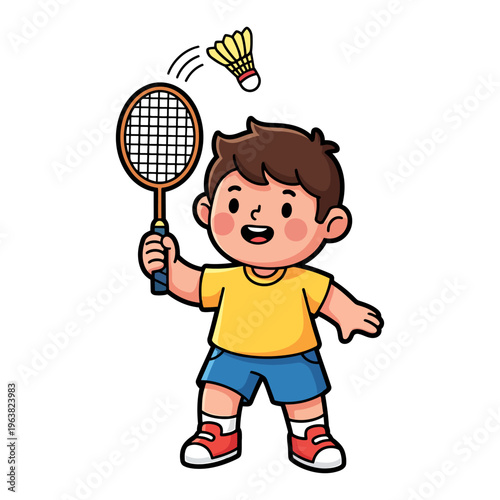 A happy young boy cheerfully playing badminton, hitting the shuttlecock with a racket, enjoying a sporty outdoor game