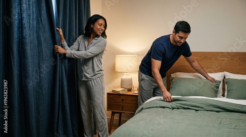 Couple preparing bedroom for sleep evening routine with soft lighting