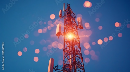 Telecommunication tower silhouetted against a vivid blue sky with bokeh