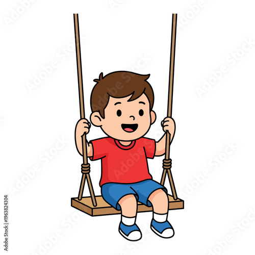 Cute cartoon boy happily swinging on a wooden swing set, enjoying a sunny day outdoors in a playful and joyful manner, illustrating childhood fun and outdoor recreation