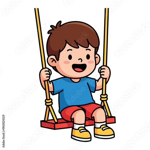 Joyful cartoon boy swinging happily on a playground swing, embodying cheerful childhood play and outdoor fun in a vibrant illustration perfect for children's designs