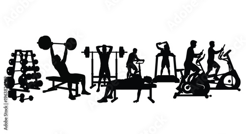 Collection of diverse fitness and strength training activity silhouettes for gym workout graphics