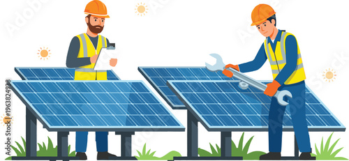 Professional Engineers Installing and Maintaining Solar Panels for Renewable Energy and Sustainable Power Solutions in a Modern Green Environment