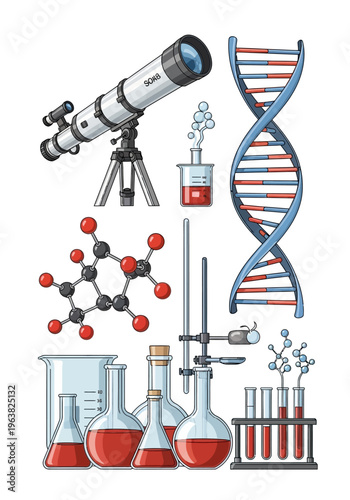 Science laboratory equipment and DNA.
