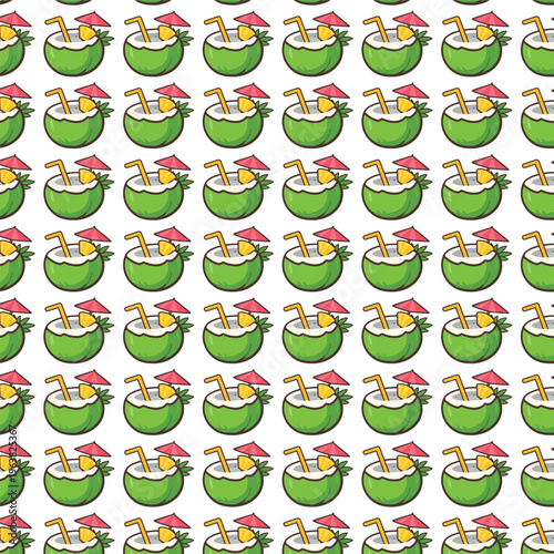 Seamless pattern of fresh coconut drink with straw  tropical summer background