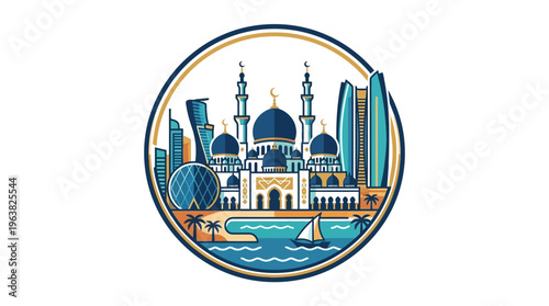 Abu Dhabi Skyline Emblem with Mosque and Modern Buildings