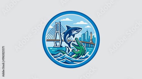 Shark and Alligator Compete in Coastal City Badge