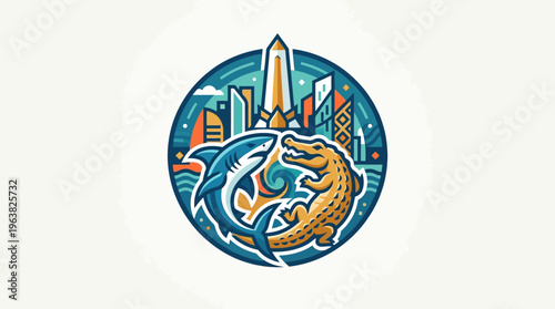 Shark and Crocodile Emblem with City Skyline