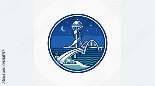 Coastal City Emblem with Lighthouse and Bridge