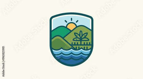 Scenic Landscape Emblem with Sun Water and Mountains
