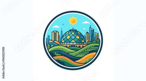 Colorful City Scenery in a Circular Emblem