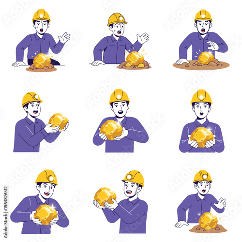 Miner discovering gold nuggets with excited expressions