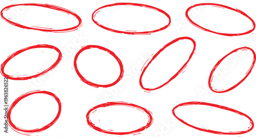 Hand drawn black and white oval shapes collection. Sketchy Ellipse Set: A series of hand-drawn ellipses in varying styles, offering a versatile