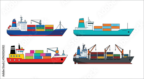 Colorful illustration depicting various cargo ships and container vessels at sea