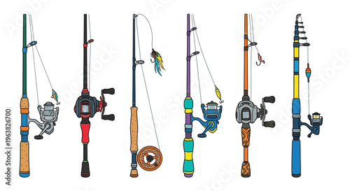 Colorful illustration of various fishing rods and reels with attached lures