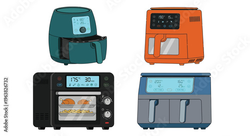 Four colorful digital air fryers displayed in a cartoon style