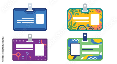 Four colorful identification badges with blank spaces for personalization
